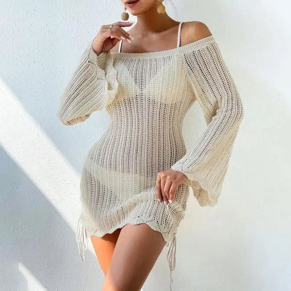 Solid Color Knitted Beach Dress Women Swimsuit Crochet Swim Cover Up Summer Bathing Suit Swimwear Knit Pullover Beach Dress