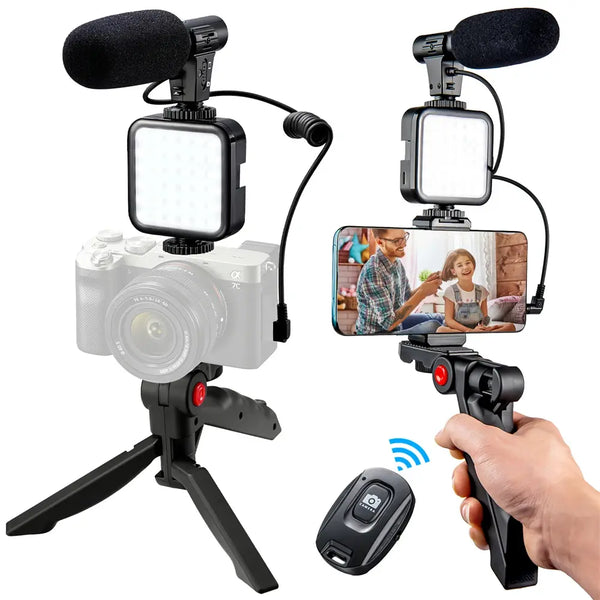 Vlogging Kit, Smartphone Video Kit V1+ Vlogging Kit with Tripod, Grip, Shotgun Microphone, LED Light and Wireless Remote - YouTube Equipment Compatible with iPhone, Android Samsung Galaxy, Note - Vlogging Gear