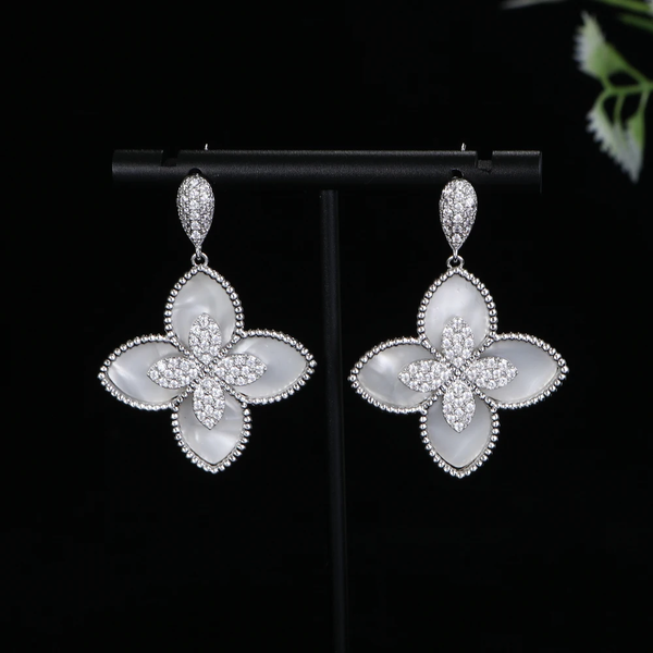 Luxury Sparkling White Fritillaria Flower Double Layer Earrings For Women, Dubai Bridal Jewelry, Cubic Zirconia Earrings, Wedding Party Gift
