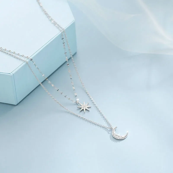 925 Silver Necklace for Women, Women's Jewelry, Double Layer Pendant Necklace, Zircon Star Moon Pendant, Delicate Chain Necklace, Party Gift