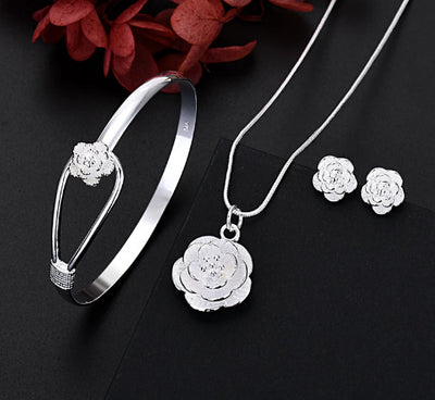 925 Sterling Silver Jewelry Set, And Charm Flower Necklace Earring Bangle