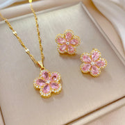 316l Stainless Steel Jewelry Set, And Blue Pink Flowers Pendant Necklace.