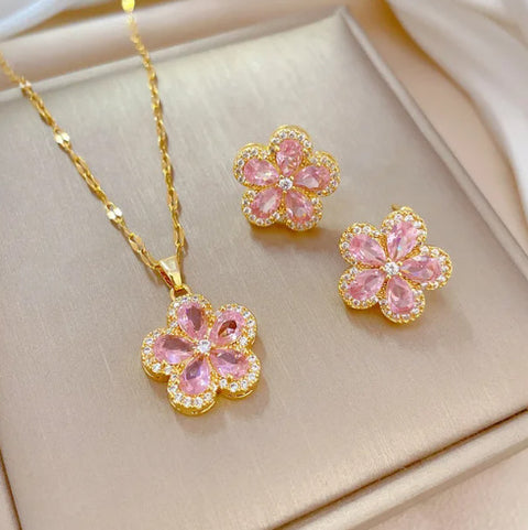 316l Stainless Steel Jewelry Set, And Blue Pink Flowers Pendant Necklace.