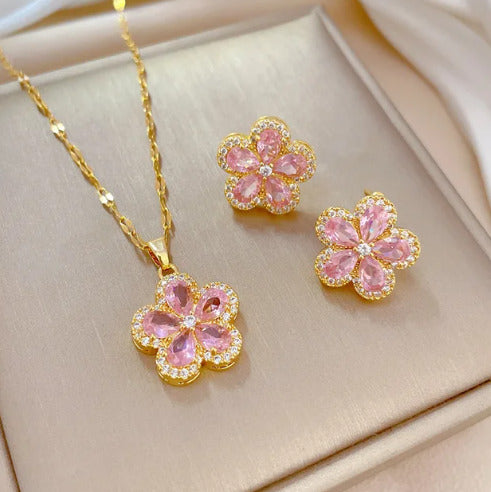 316l Stainless Steel Jewelry Set, And Blue Pink Flowers Pendant Necklace.