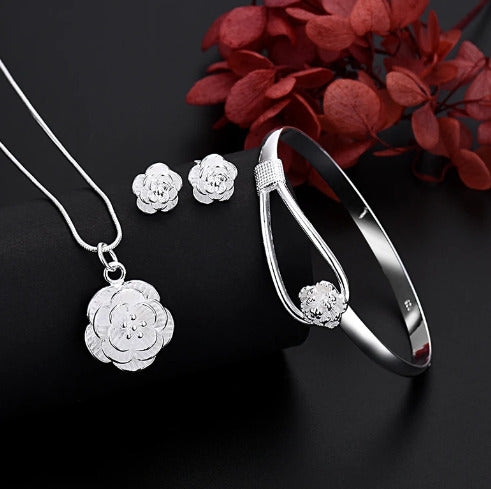 925 Sterling Silver Jewelry Set, And Charm Flower Necklace Earring Bangle