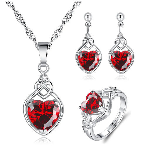 925 Sterling Silver Jewelry Set And Red Heart Zircon Jewelry Set