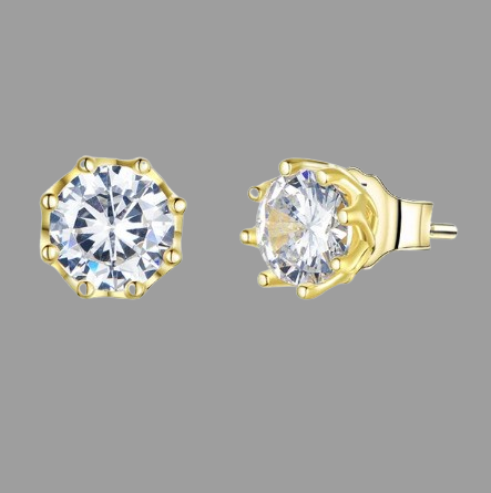 14K Gold Plated Solitaire Round Clear CZ Stud Earring, 925 Sterling Silver Hypoallergenic Earrings for Women, Women's Jewelry Gift