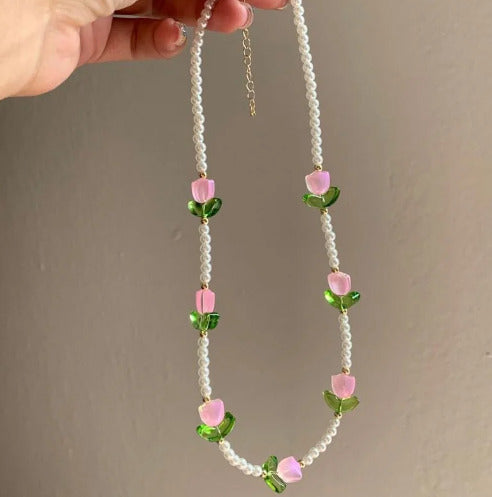 Elegant Pearl Necklace, Imitation Pearl Jewelry, Tulip Flower Necklace