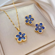 316l Stainless Steel Jewelry Set, And Blue Pink Flowers Pendant Necklace.