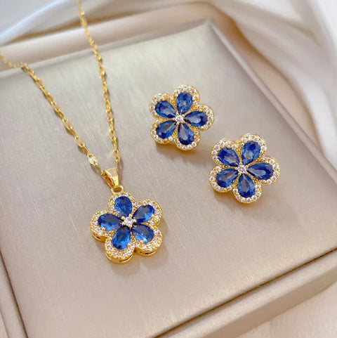 316l Stainless Steel Jewelry Set, And Blue Pink Flowers Pendant Necklace.