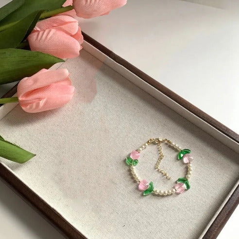 Elegant Pearl Necklace, Imitation Pearl Jewelry, Tulip Flower Necklace