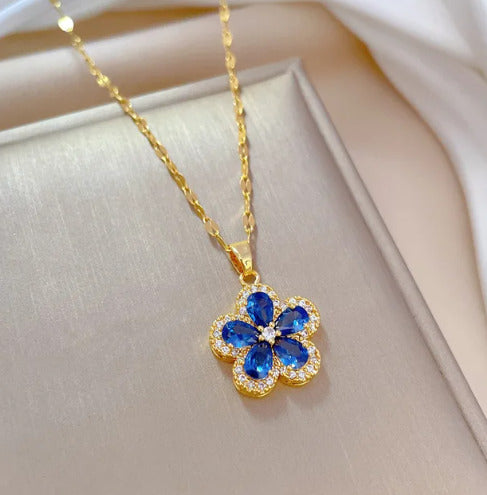 316l Stainless Steel Jewelry Set, And Blue Pink Flowers Pendant Necklace.