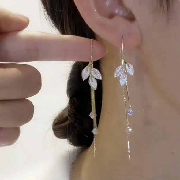 New Fashion Crystal Leaf Tassel Drop Earrings For Women