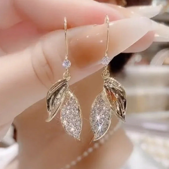 New Fashion Crystal Leaf Tassel Drop Earrings For Women