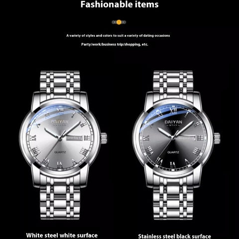 Stainless Steel With Double Calendar Quartz Watch Waterproof Luminous