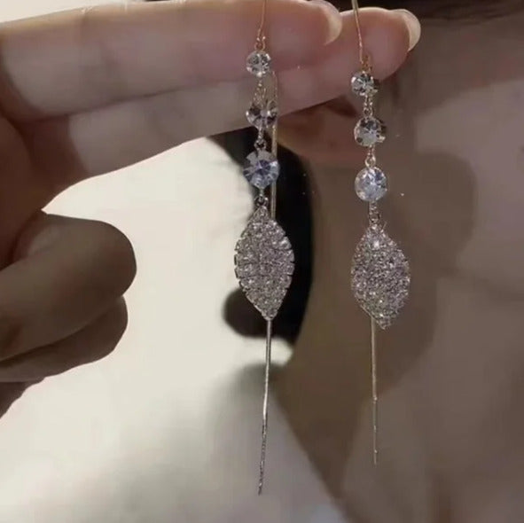 New Fashion Crystal Leaf Tassel Drop Earrings For Women