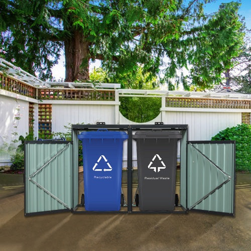 Garbage Bin Shed Stores 2 Trash Cans Metal Outdoor Bin Shed For Garbage Storage,Stainless Galvanized Steel, Bin Shed For Garden Yard Lawn