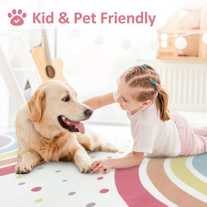 Washable Rainbow Rug For Girl Nursery, Small Rug 3X 5 Colorful Area Rugs For Kids Bedroom, Non-Slip Soft Polka Dot Carpet Kids Rugs For Classroom Playroom Tent Castle