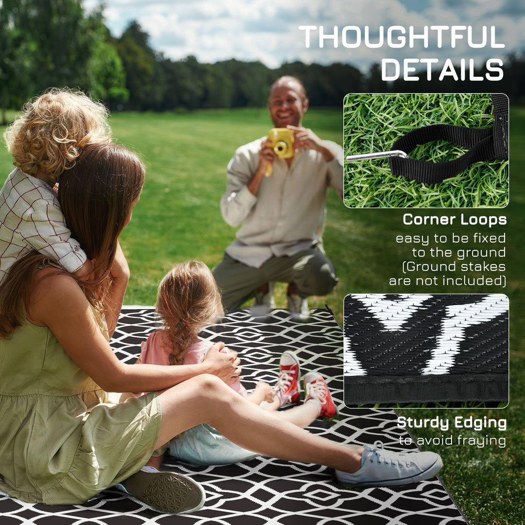 Reversible Outdoor Rug Carpet RV Camping Rugs with Carry Bag, 8' x 10', Black & White Clover