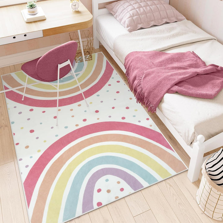 Washable Rainbow Rug For Girl Nursery, Small Rug 3X 5 Colorful Area Rugs For Kids Bedroom, Non-Slip Soft Polka Dot Carpet Kids Rugs For Classroom Playroom Tent Castle