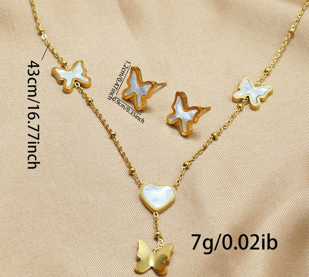 Lxalry 18K Gold Plated Stainless Steel Butterfly & Heart Jewelry Set For Women - Waterproof Hypoallergenic Necklace & Earrings, Elegant Gift For Girlfriend, Birthday, Wedding, Daily Wear