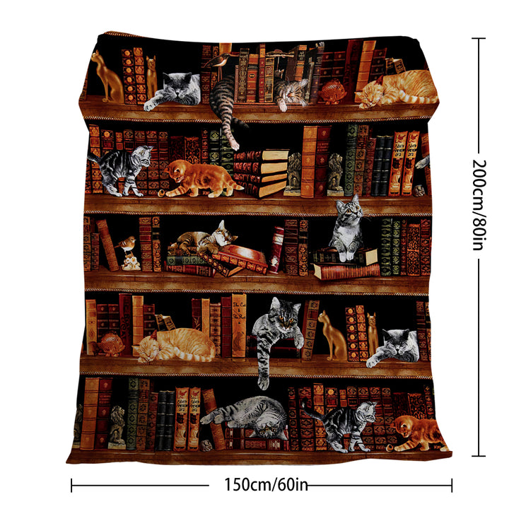 Vintage Kitten Flannel Blanket Cat In The Bookshelf Throw Blanket Librarian Book Lover Gifts Fleece Blankets For Bed Couch Sofa