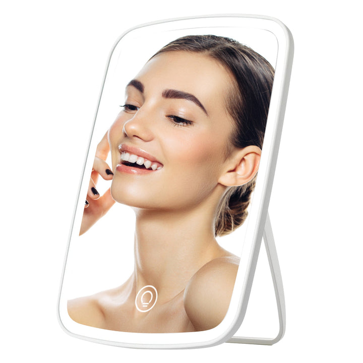 1Pc 5.98x8.62in Lighted Makeup Mirror Vanity Desk Mirror Small LED Mirror With 3 Light Colors Touch Screen Brightness Adjustable USB Rechargeable