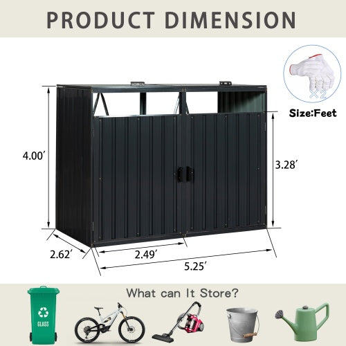 Garbage Bin Shed Stores 2 Trash Cans Metal Outdoor Bin Shed For Garbage Storage,Stainless Galvanized Steel, Bin Shed For Garden Yard Lawn
