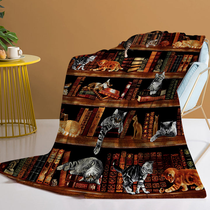 Vintage Kitten Flannel Blanket Cat In The Bookshelf Throw Blanket Librarian Book Lover Gifts Fleece Blankets For Bed Couch Sofa