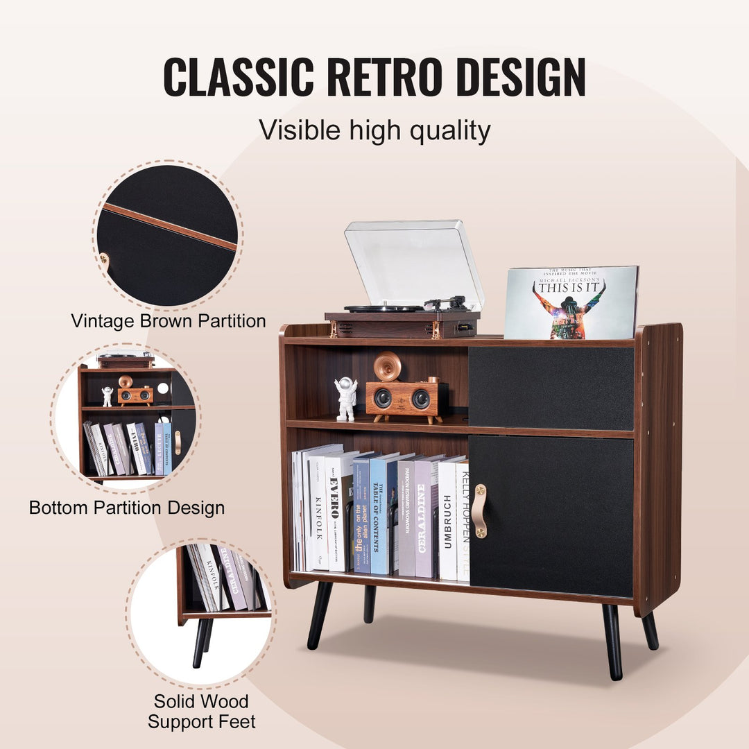 Record Player Stand With Power Outlet, Turntable Stand Holds Up To 350 Albums, Record Player Table With Vintage Vinyl Record Storage For Living Room, Bedroom, Brown