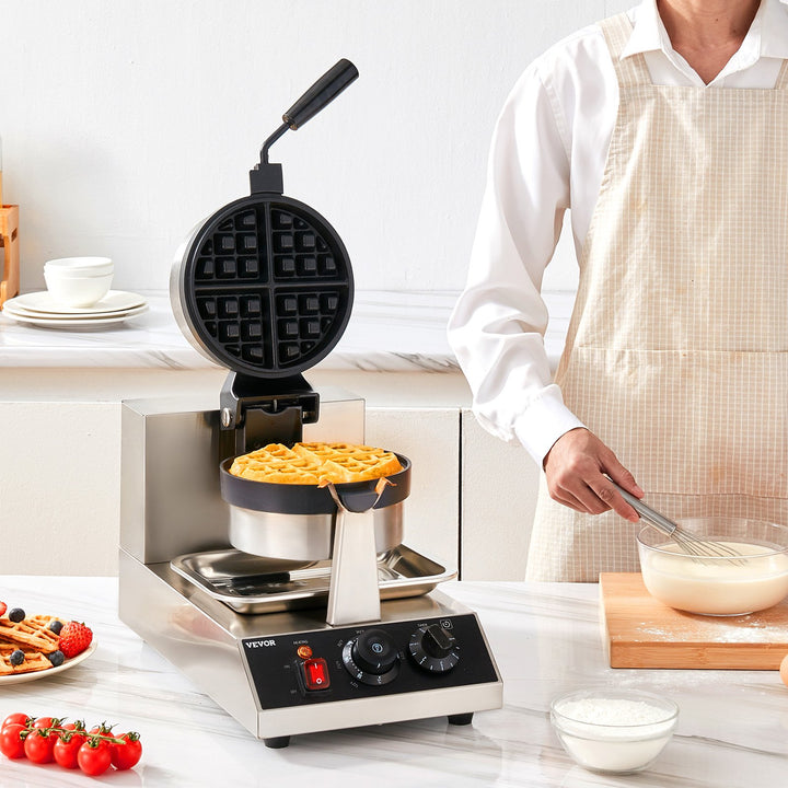 Commerical Round Waffle Maker 1300W Rotatable Non-Stick Waffle Iron 120V