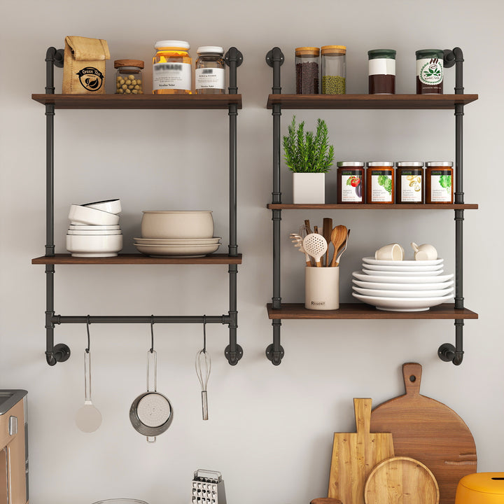 Industrial Pipe Shelf 3 Tier And 2 Tier Wall Mounted Shelves  36in Wood Display Shelves, And 3 Additional Hooks,Farmhouse Kitchen Bar Shelf, DIY Bookshelf Unit Hanging Wall Shelves For Bedroom...