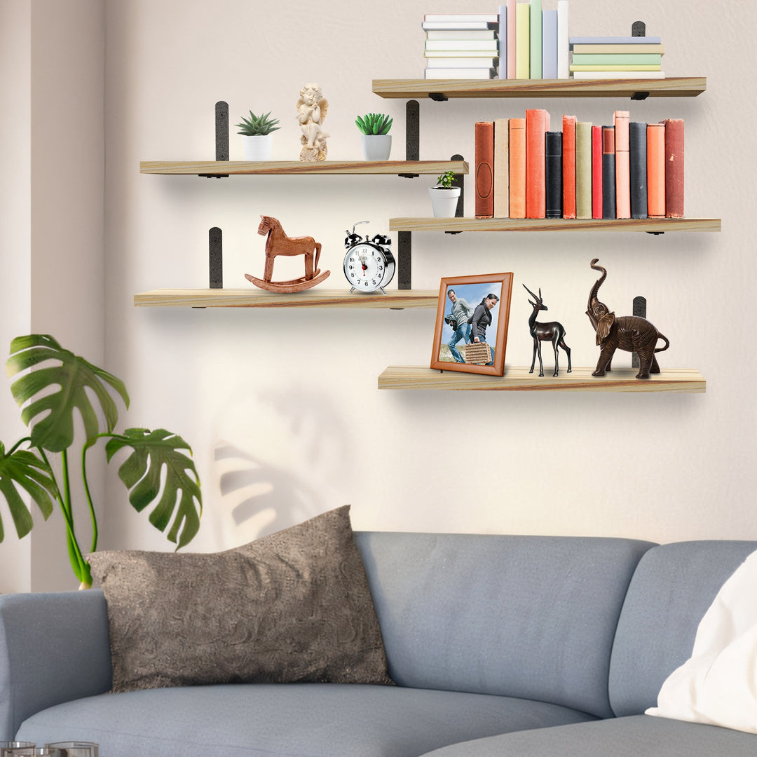 6 Sets Floating Shelves 15.74x5.74Inch Wall Mounted Shelves Wood Storage Shelves Metal Bracket Hanging Display Shelf Wall Organizer For Living Room Bathroom Kitchen Decor