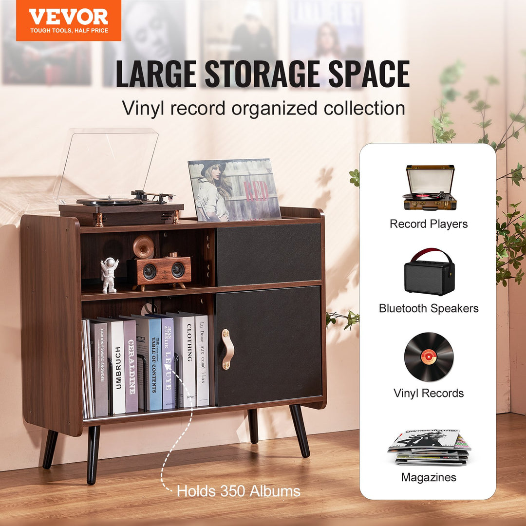 Record Player Stand With Power Outlet, Turntable Stand Holds Up To 350 Albums, Record Player Table With Vintage Vinyl Record Storage For Living Room, Bedroom, Brown