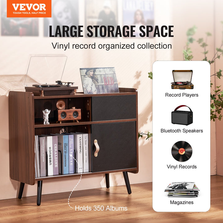 Record Player Stand With Power Outlet, Turntable Stand Holds Up To 350 Albums, Record Player Table With Vintage Vinyl Record Storage For Living Room, Bedroom, Brown