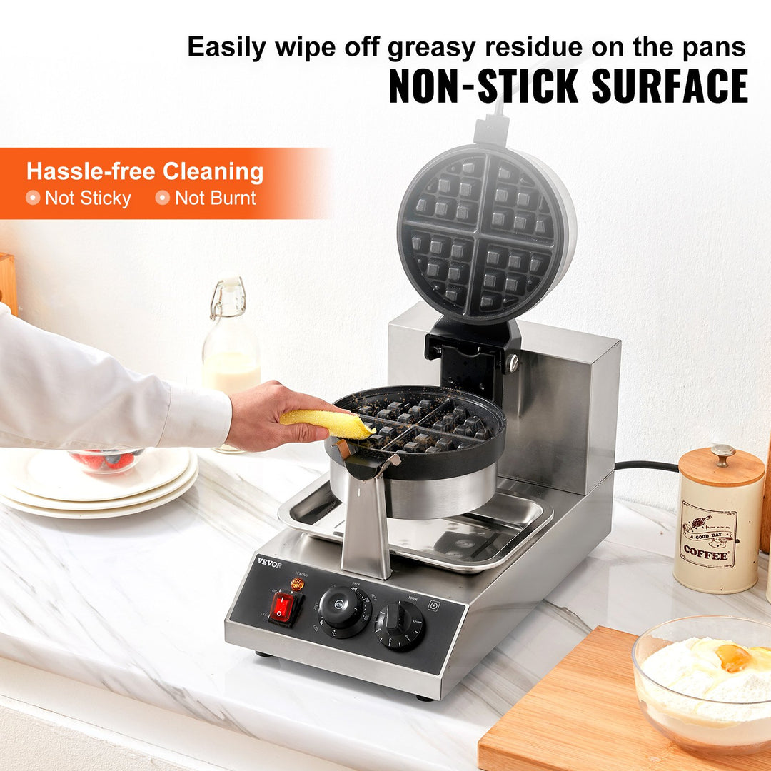 Commerical Round Waffle Maker 1300W Rotatable Non-Stick Waffle Iron 120V
