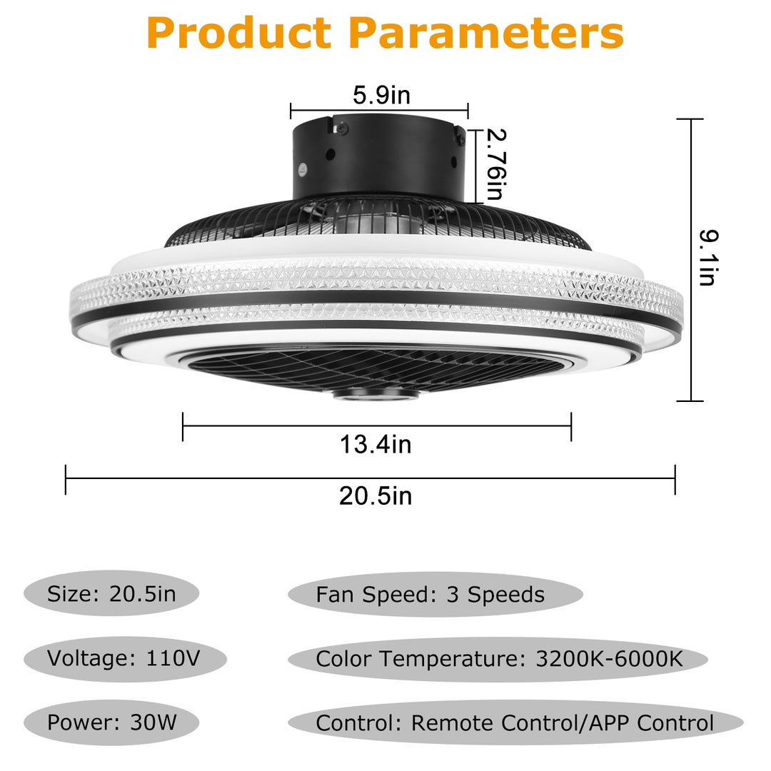 20.5in Ceiling Fan With Light Round Pendant Fan Lamp 30W LED Ceiling Fan With 3-Fan Speed Remote Control Timer APP Control