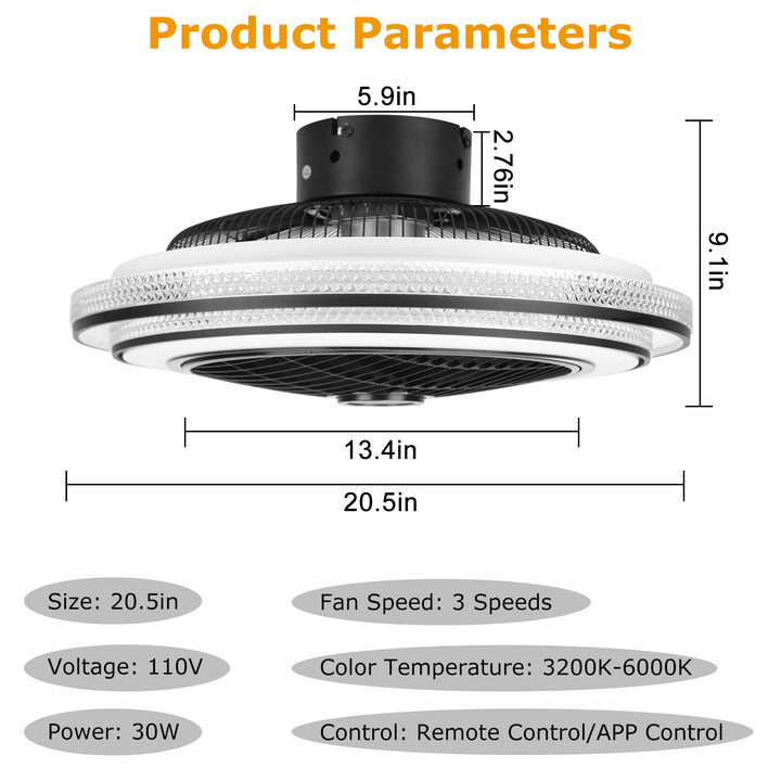 20.5in Ceiling Fan With Light Round Pendant Fan Lamp 30W LED Ceiling Fan With 3-Fan Speed Remote Control Timer APP Control