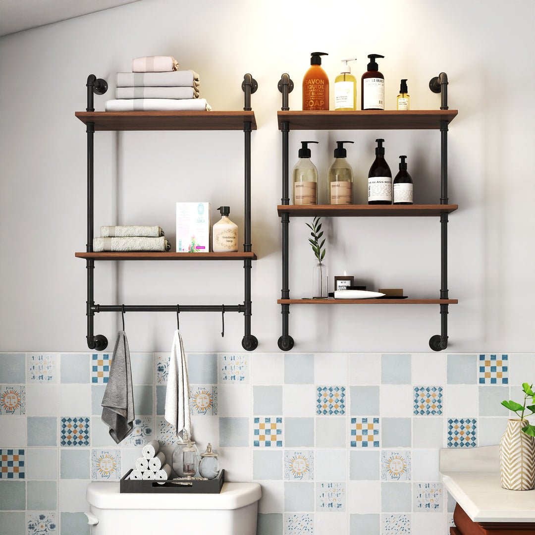 Industrial Pipe Shelf 3 Tier And 2 Tier Wall Mounted Shelves  36in Wood Display Shelves, And 3 Additional Hooks,Farmhouse Kitchen Bar Shelf, DIY Bookshelf Unit Hanging Wall Shelves For Bedroom...