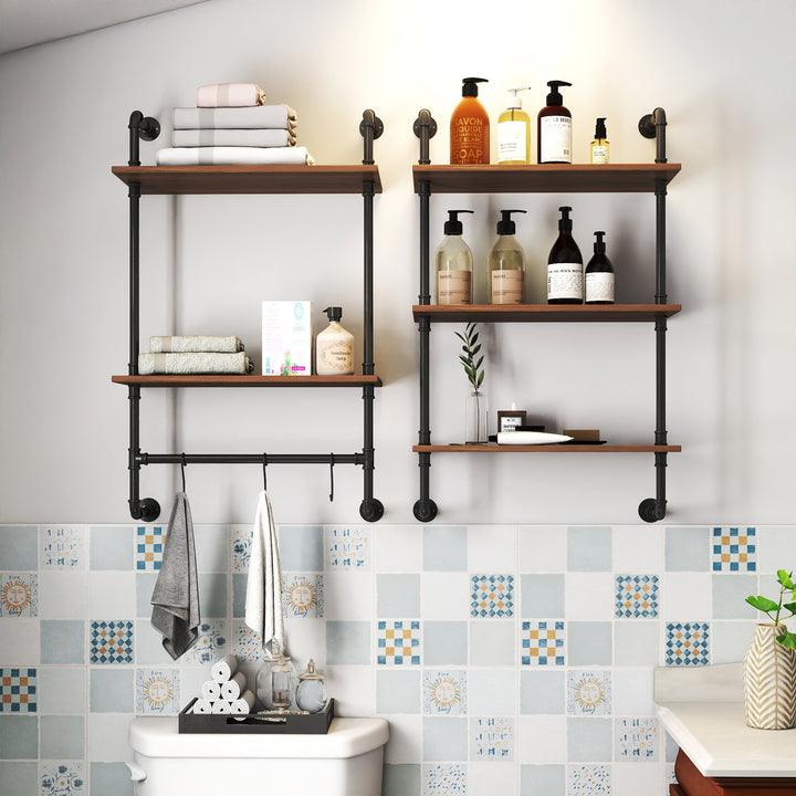 Industrial Pipe Shelf 3 Tier And 2 Tier Wall Mounted Shelves  36in Wood Display Shelves, And 3 Additional Hooks,Farmhouse Kitchen Bar Shelf, DIY Bookshelf Unit Hanging Wall Shelves For Bedroom...