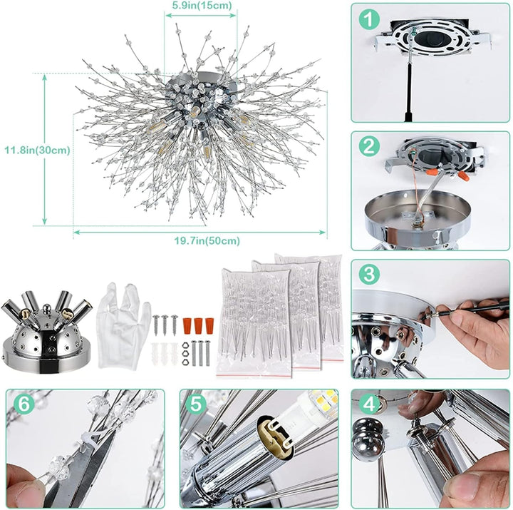 Crystal Flush Mount Ceiling Light, Modern Sputnik Firework Close To Ceiling Lamp, LED Ceiling Light