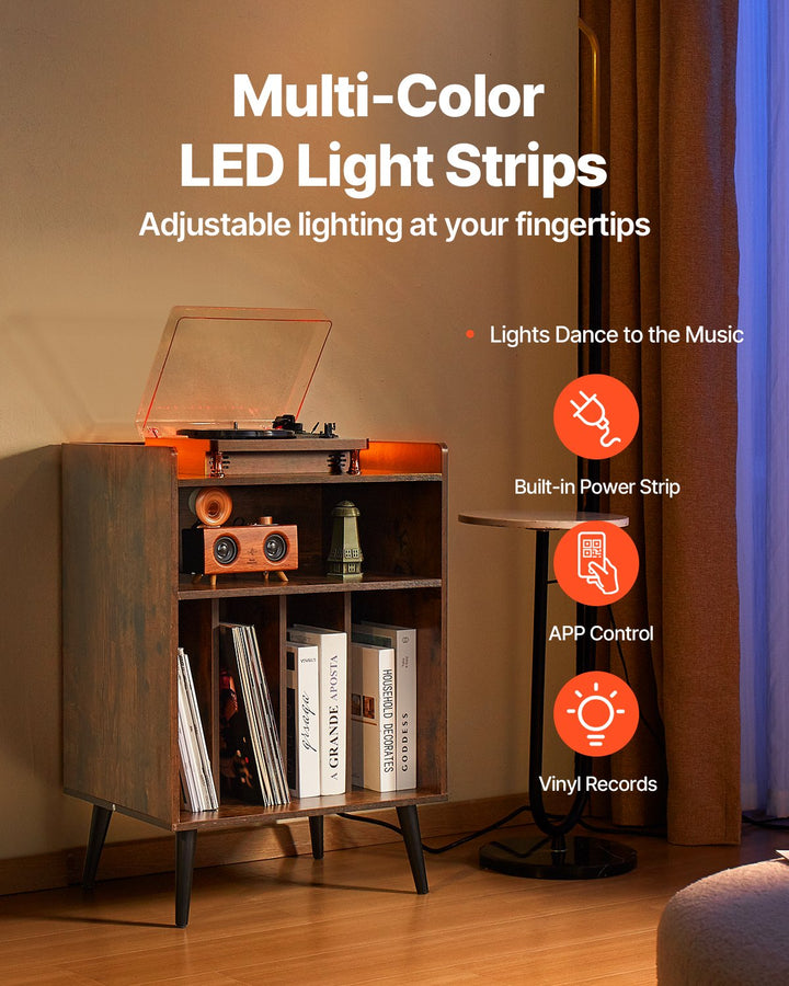 Record Player Stand With LED Light, 3 Tiers Turntable Stand With Charging Station & USB Ports, Holds Up To 150 Albums, Vinyl Record Storage Cabinet With Display Shelf For Bedroom, Living Room