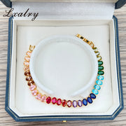 Lxalry 18K Gold Plated Copper Rainbow Zircon Bracelet - Colorful Gem Tennis Chain For Gifting & Everyday Glam - Non-Tarnish, Hypoallergenic, Y2K Trending Jewelry
