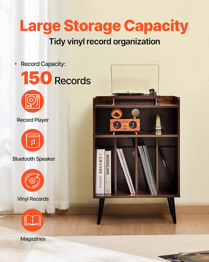 Record Player Stand With LED Light, 3 Tiers Turntable Stand With Charging Station & USB Ports, Holds Up To 150 Albums, Vinyl Record Storage Cabinet With Display Shelf For Bedroom, Living Room