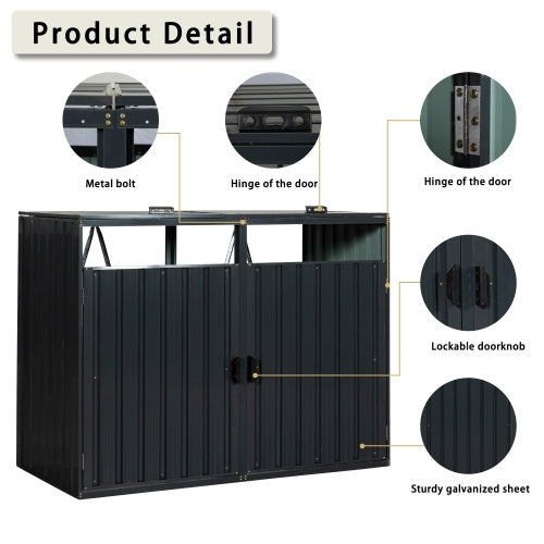 Garbage Bin Shed Stores 2 Trash Cans Metal Outdoor Bin Shed For Garbage Storage,Stainless Galvanized Steel, Bin Shed For Garden Yard Lawn