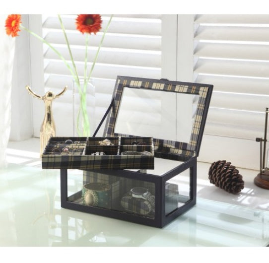 9.8 Long Tempered Glass And Leather Jewelry Case   Watch Display, Blue