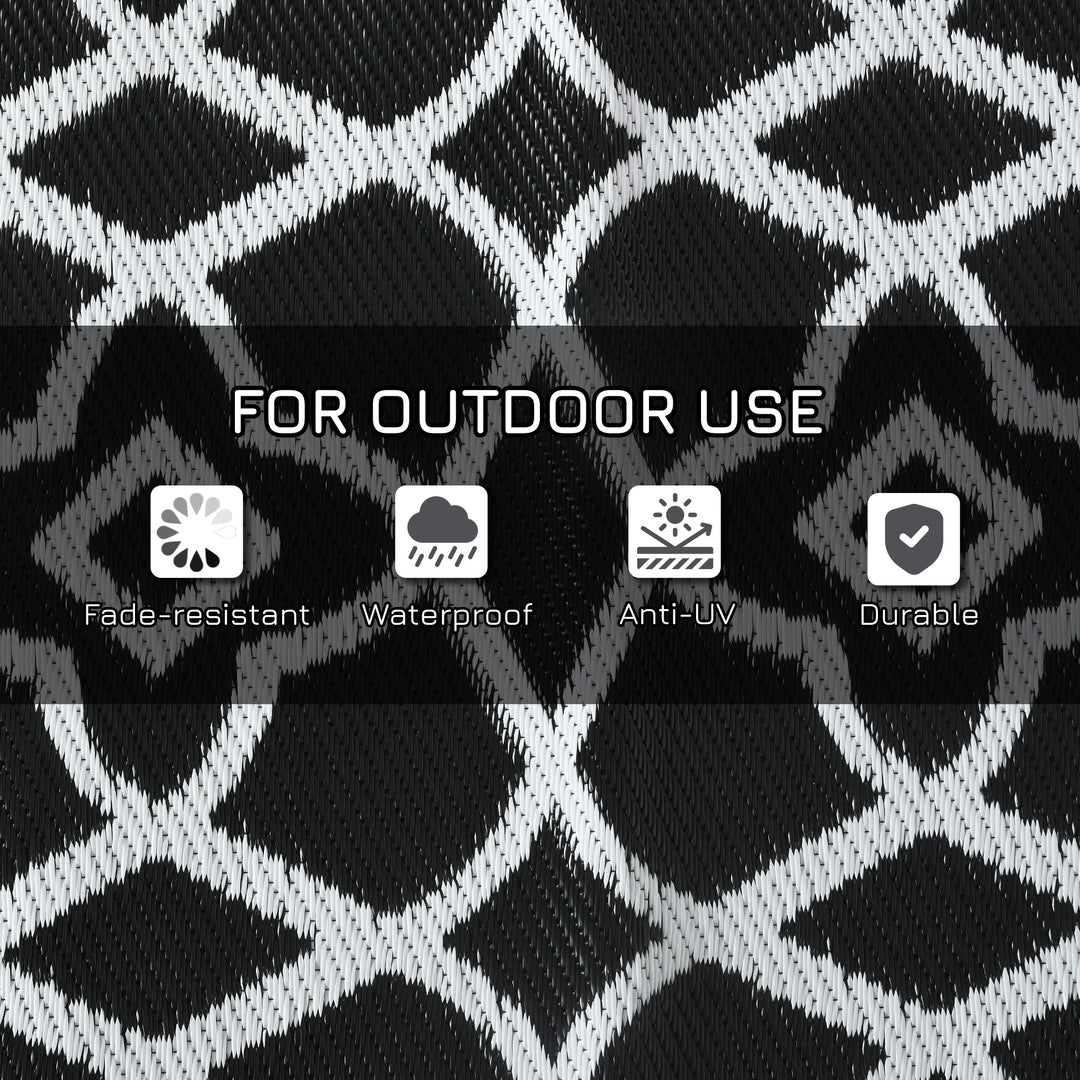 Reversible Outdoor Rug Carpet RV Camping Rugs with Carry Bag, 8' x 10', Black & White Clover