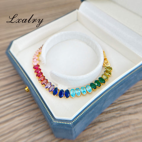 Lxalry 18K Gold Plated Copper Rainbow Zircon Bracelet - Colorful Gem Tennis Chain For Gifting & Everyday Glam - Non-Tarnish, Hypoallergenic, Y2K Trending Jewelry