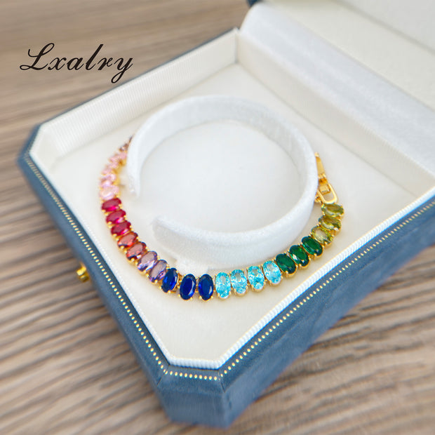 Lxalry 18K Gold Plated Copper Rainbow Zircon Bracelet - Colorful Gem Tennis Chain For Gifting & Everyday Glam - Non-Tarnish, Hypoallergenic, Y2K Trending Jewelry