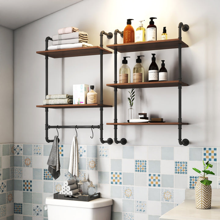 Industrial Pipe Shelf 3 Tier And 2 Tier Wall Mounted Shelves  36in Wood Display Shelves, And 3 Additional Hooks,Farmhouse Kitchen Bar Shelf, DIY Bookshelf Unit Hanging Wall Shelves For Bedroom...